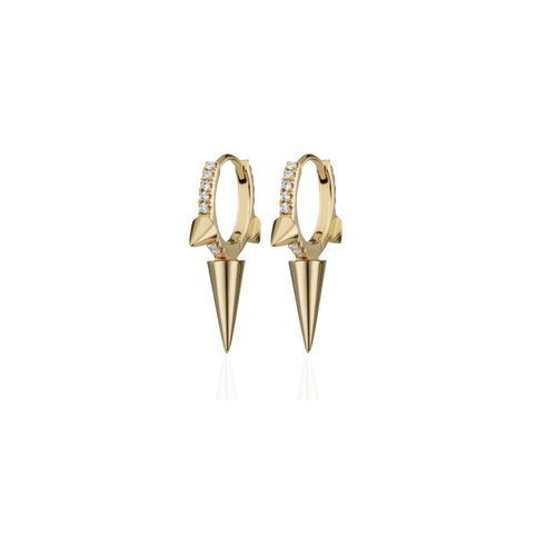 The One Shot Earring, a pair of gold hoop earrings featuring diamond-like accents and spike charms. ||| GOLD