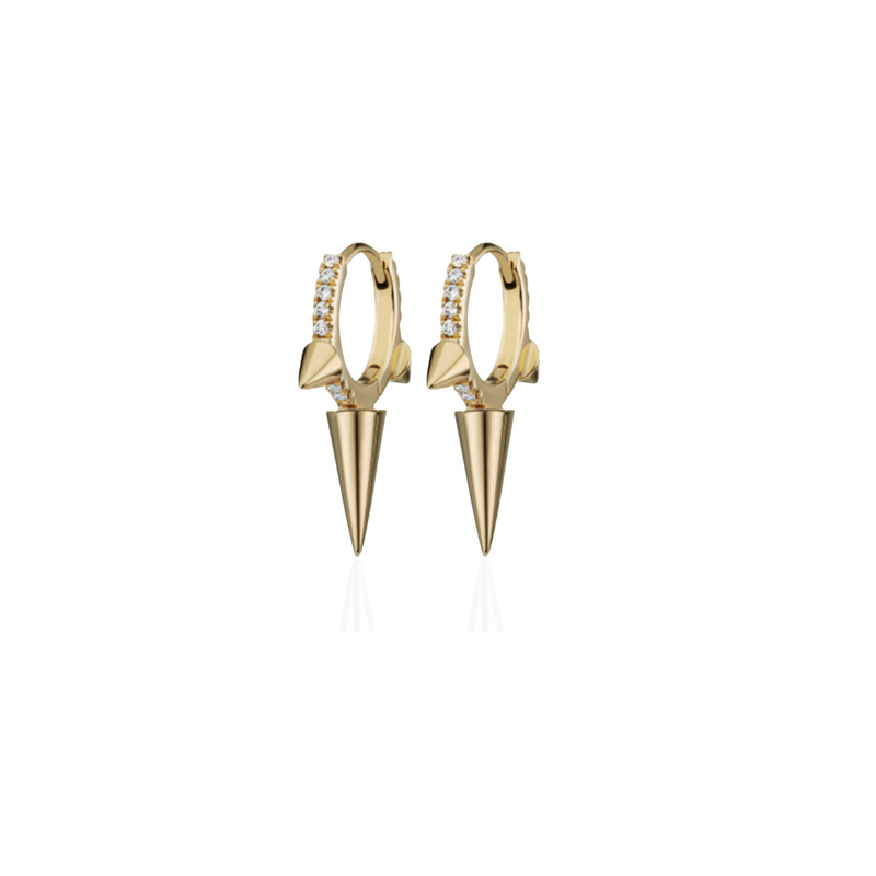 The One Shot Earring, a pair of gold hoop earrings featuring diamond-like accents and spike charms.