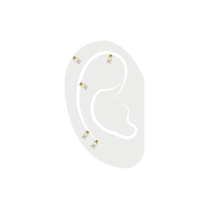A set of 5 Gold Petal Piercing Earrings, a single gold stud earring featuring four round crystals arranged in a delicate petal shape.