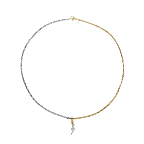 The CHARMED OPPOSITES NECKLACE, a two-tone necklace with half gold and half silver chain, featuring a small Lightning charm hanging from the center. ||| 
 Lightning Charm/MIX