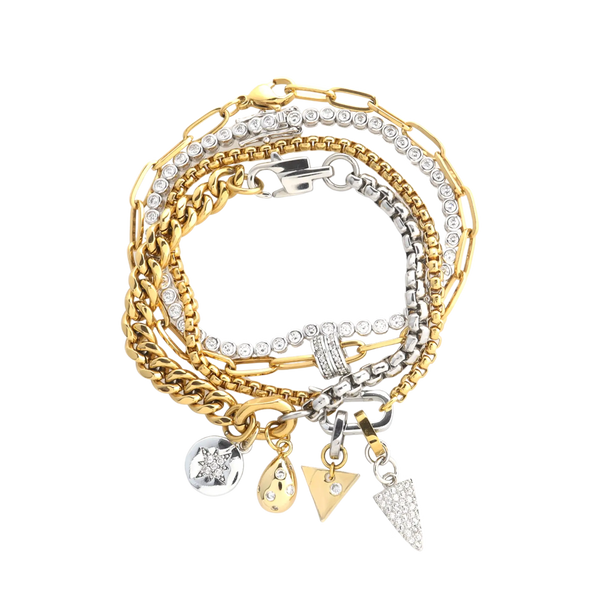 Chain Reaction Bracelet Stack featuring gold and silver chains with diamond-encrusted charms, including a snowflake, teardrop, and triangle.