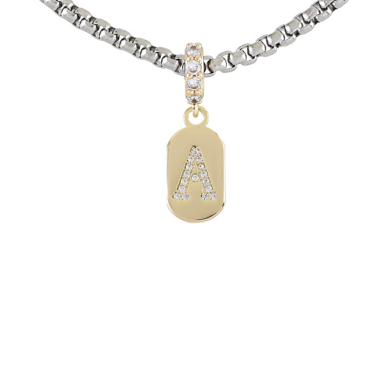 Stainless steel chain with the LETTER JUST CLICK CHARM which is made of gold filled encrusted zirconia letter "A" initial. 