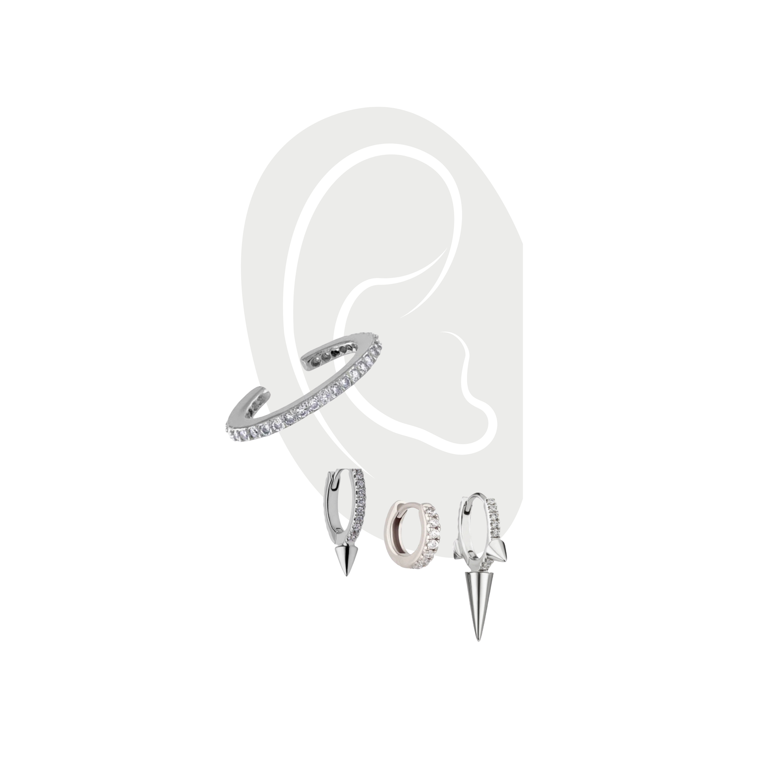 EAR PARTY SET - 3 & 2 HOLES in Silver which comes with 5 earrings. 4 hoop earrings and one ear cuff. On this photo are three hoop earrings one with small spike and the other has a longer spike to it. the other one is just plain hoop. In the middle of the ear is the clear cuff earring in silver.. ||| SILVER