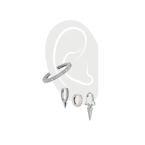 EAR PARTY SET - 3 & 2 HOLES in Silver which comes with 5 earrings. 4 hoop earrings and one ear cuff. On this photo are three hoop earrings one with small spike and the other has a longer spike to it. the other one is just plain hoop. In the middle of the ear is the clear cuff earring in silver.. ||| SILVER