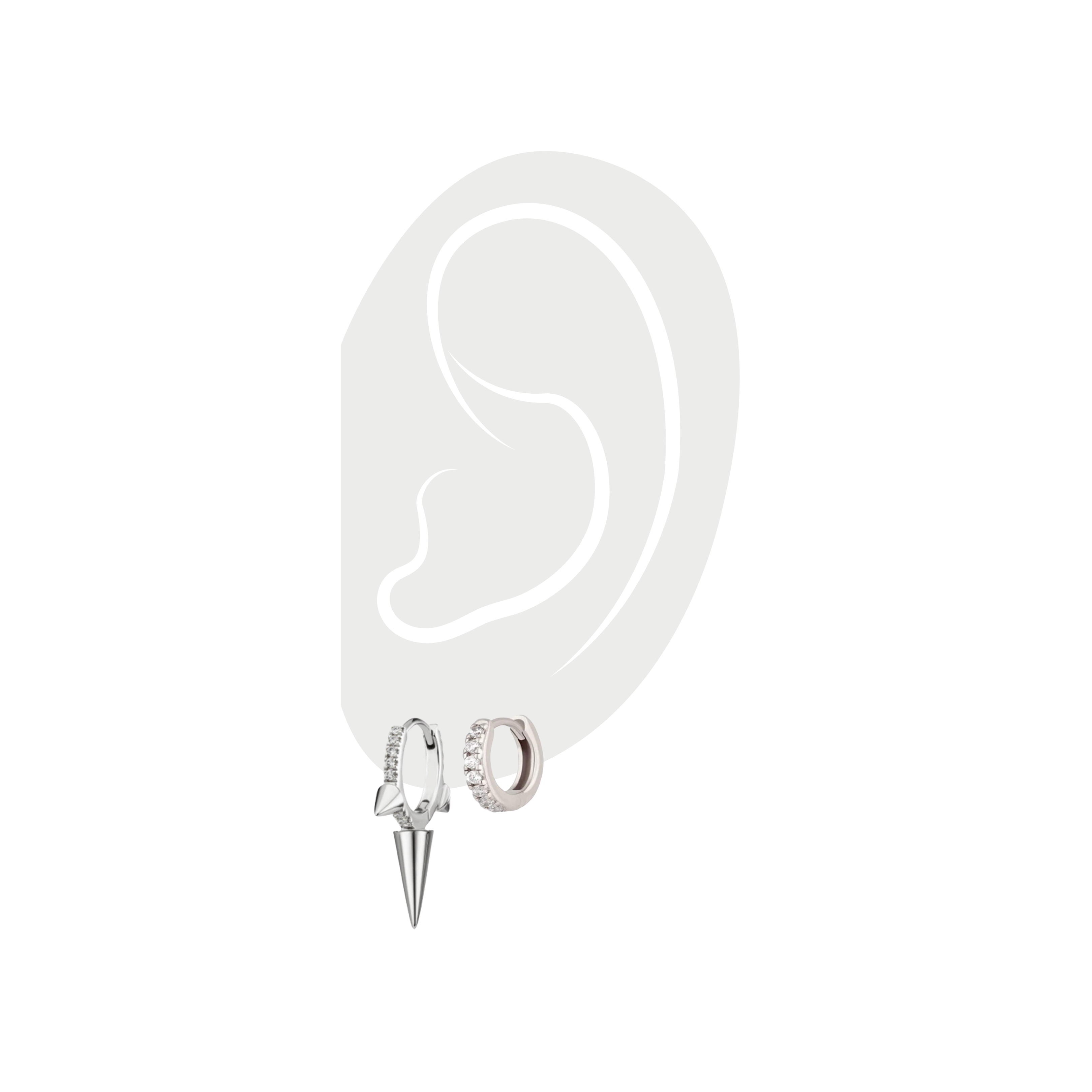 2 silver small hoop earrings one with spike and the other one is plain with stones in it. ||| SILVER