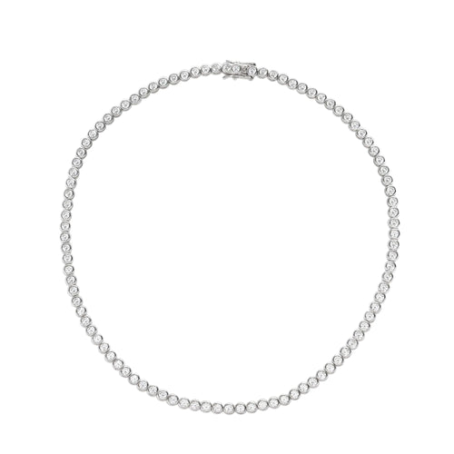 The Bubble Tennis Necklace which is a classic Tennis Necklace featuring a row of round diamonds set in a silver chain. 