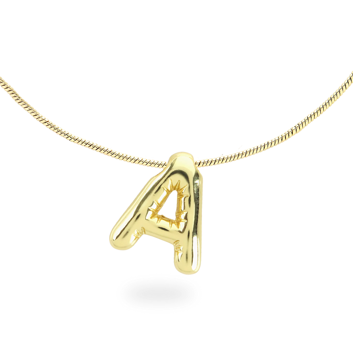 The BALLOON LETTER NECKLACE, a delicate gold necklace featuring a playful, balloon-shaped letter "A" pendant.||| A/GOLD