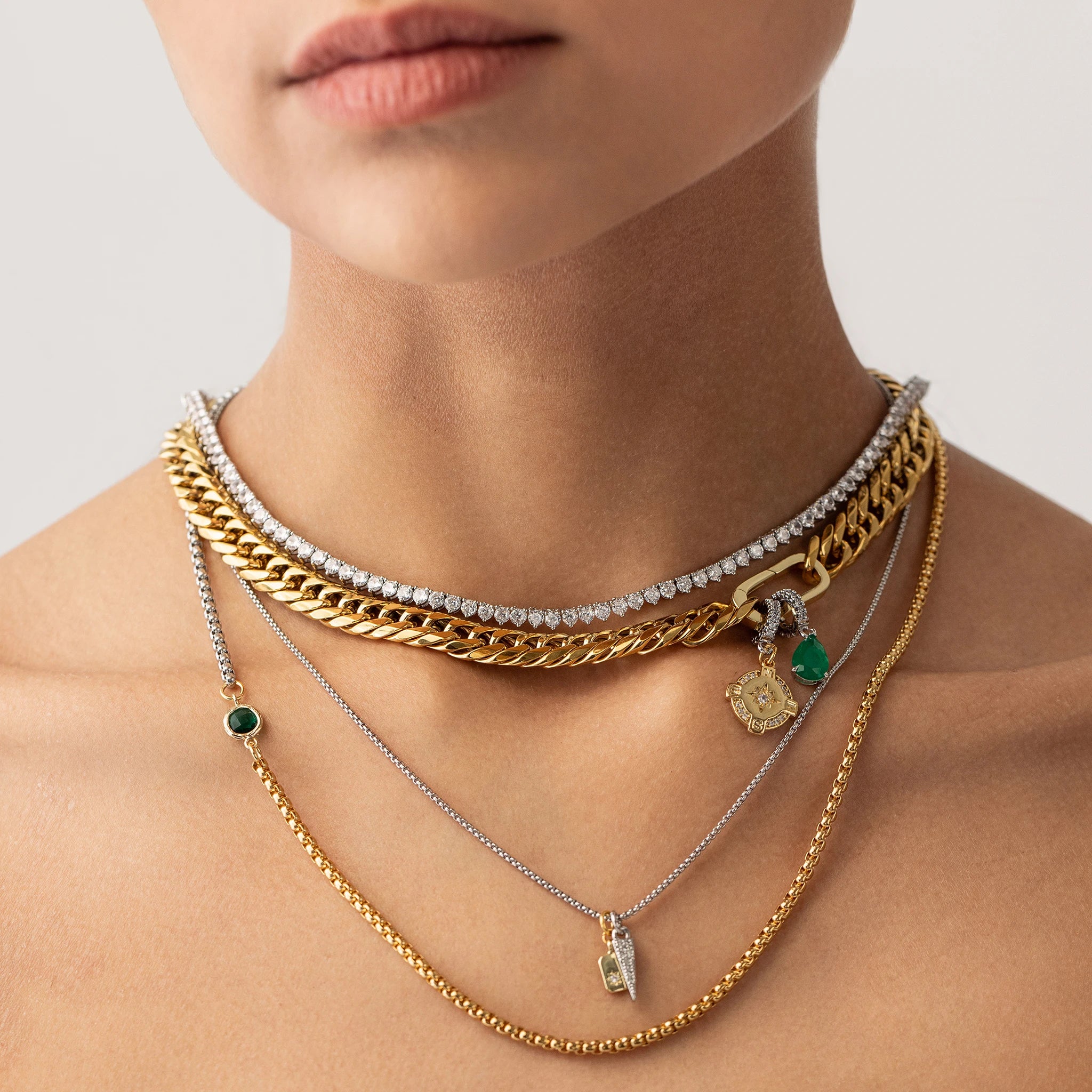 Just Click Emerald Tennis Layered Necklace Set– Artizan Joyeria Just Click Emerald Tennis Layered Necklace Set– Artizan Joyeria