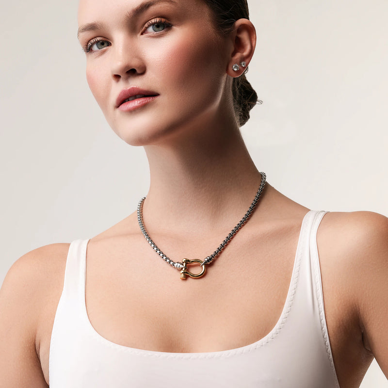 Model wearing the Herradura Signature Mix, a silver necklace featuring a box chain with a gold horseshoe clasp.