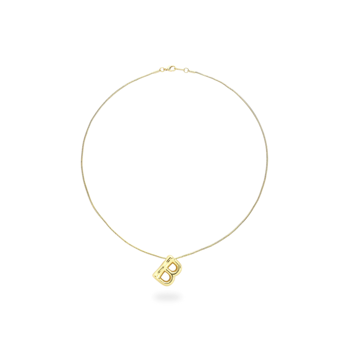 The BALLOON LETTER NECKLACE, a delicate gold necklace featuring a playful, balloon-shaped letter "B" pendant.||| B/GOLD