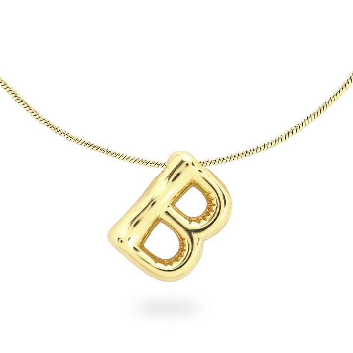 The BALLOON LETTER NECKLACE, a delicate gold necklace featuring a playful, balloon-shaped letter "B" pendant.||| B/GOLD