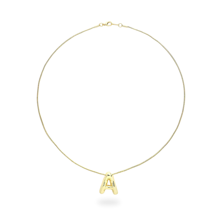 The Balloon Letter Necklace A features a gold chain with a bold, puffy gold letter “A” pendant for a personalized statement look. ||| A/GOLD