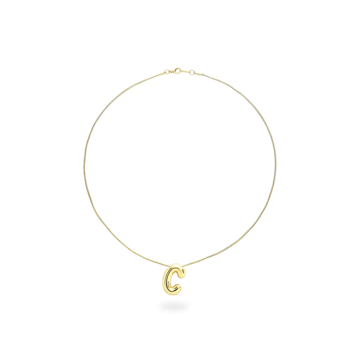 The BALLOON LETTER NECKLACE, a delicate gold necklace featuring a playful, balloon-shaped letter "C" pendant.||| C/GOLD