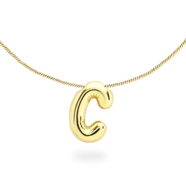 The BALLOON LETTER NECKLACE, a delicate gold necklace featuring a playful, balloon-shaped letter "C" pendant.||| C/GOLD
