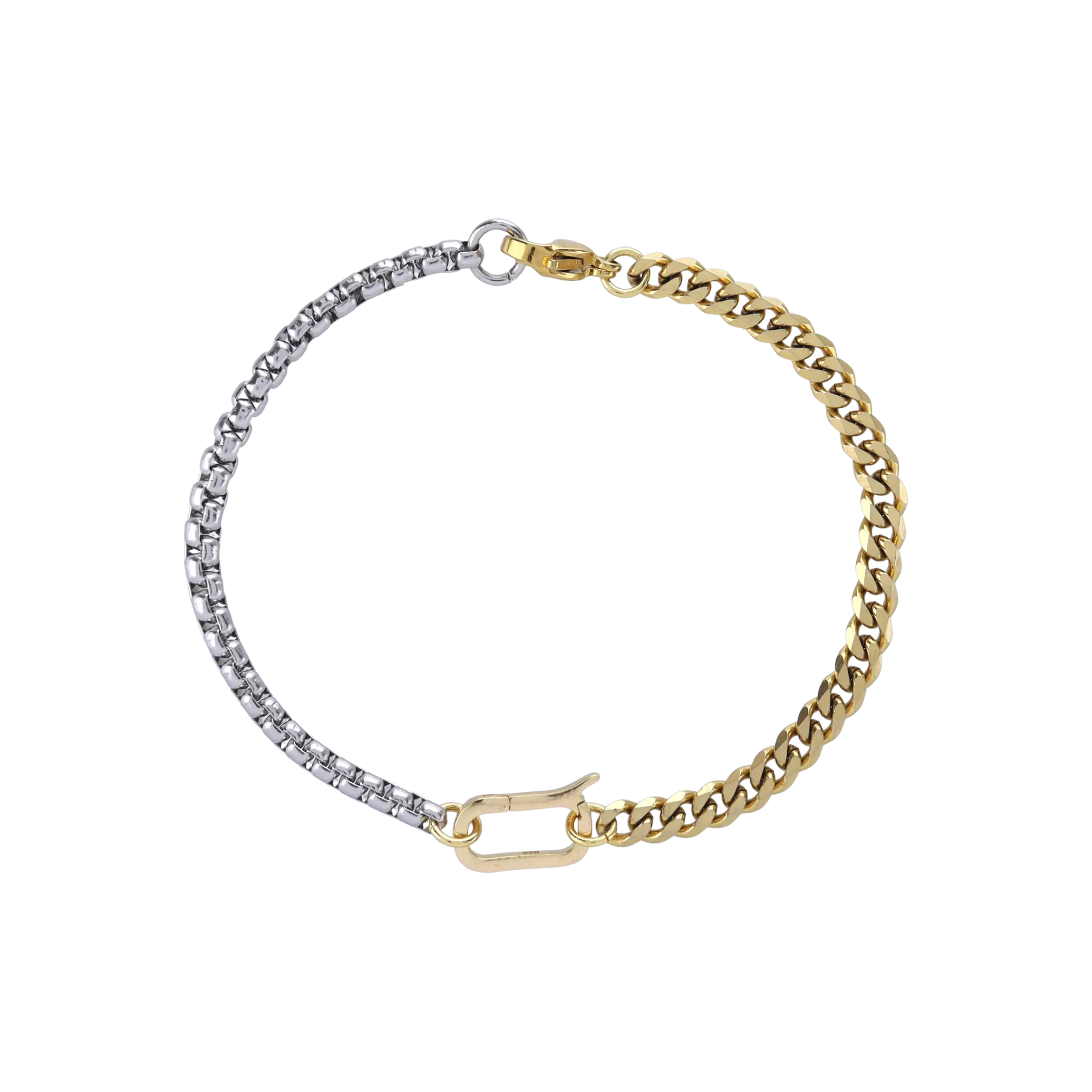 Can Opener Mix Anklet Bracelet featuring a two-tone design with silver box chain and gold Cuban link, finished with signature can opener clasp.