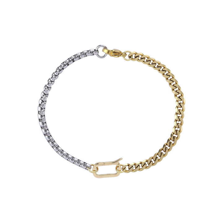 Can Opener Mix Anklet Bracelet featuring a two-tone design with silver box chain and gold Cuban link, finished with signature can opener clasp. ||| MIX