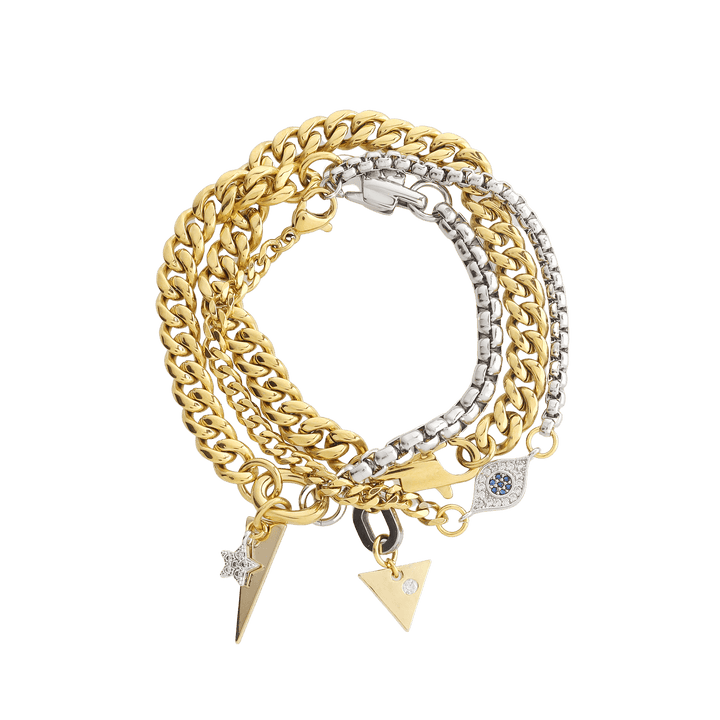 Chain Gang Bracelet Stack featuring three bracelets, a mix of gold and silver chains with triangle and star charms, accented with evil eye charm with sparkling rhinestones.