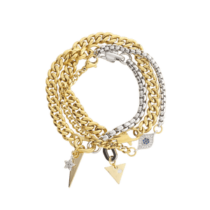 Chain Gang Bracelet Stack featuring three bracelets, a mix of gold and silver chains with triangle and star charms, accented with evil eye charm with sparkling rhinestones.