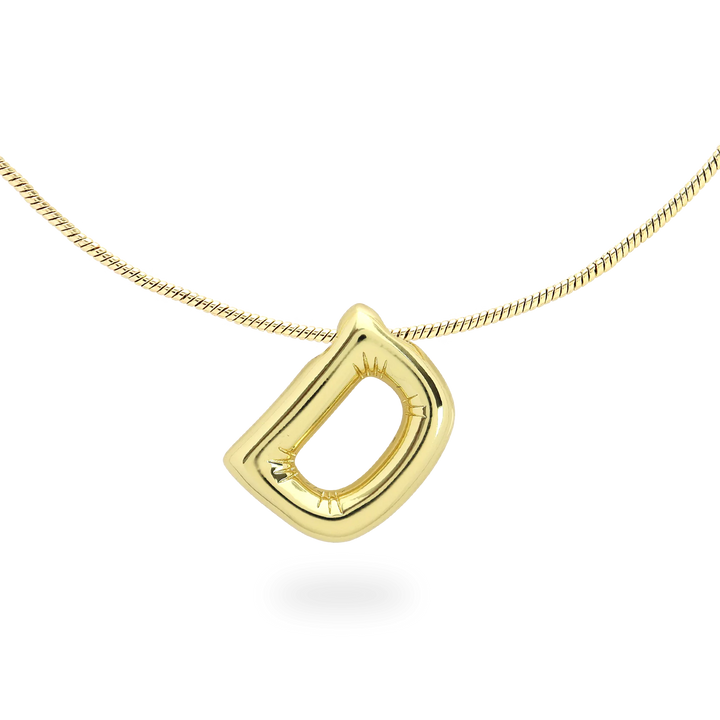 The BALLOON LETTER NECKLACE, a delicate gold necklace featuring a playful, balloon-shaped letter "D" pendant.||| D/GOLD