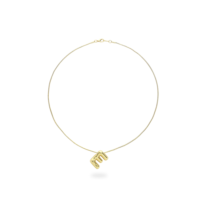 The BALLOON LETTER NECKLACE, a delicate gold necklace featuring a playful, balloon-shaped letter "E" pendant.||| E/GOLD