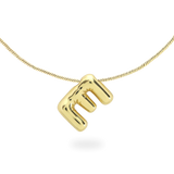 The BALLOON LETTER NECKLACE, a delicate gold necklace featuring a playful, balloon-shaped letter "E" pendant.||| E/GOLD