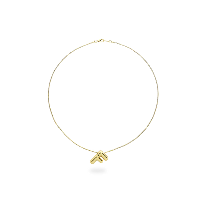 The BALLOON LETTER NECKLACE, a delicate gold necklace featuring a playful, balloon-shaped letter "F" pendant.||| F/GOLD