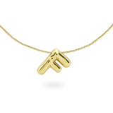 The BALLOON LETTER NECKLACE, a delicate gold necklace featuring a playful, balloon-shaped letter "F" pendant.||| F/GOLD