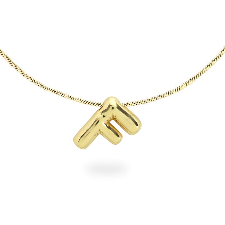 The BALLOON LETTER NECKLACE, a delicate gold necklace featuring a playful, balloon-shaped letter "F" pendant.||| F/GOLD