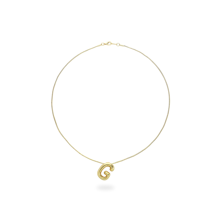 The BALLOON LETTER NECKLACE, a delicate gold necklace featuring a playful, balloon-shaped letter "G" pendant.||| G/GOLD