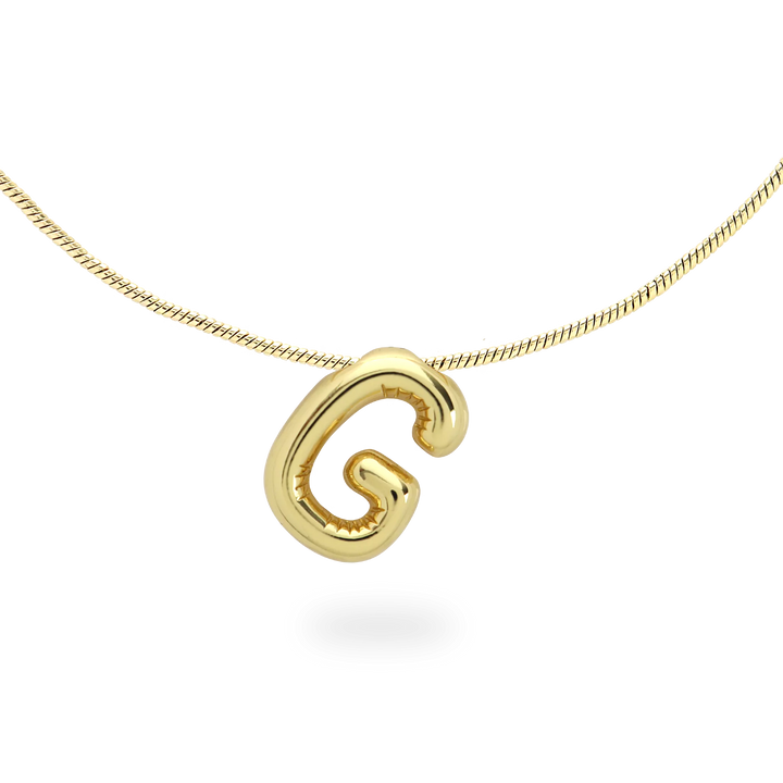 The BALLOON LETTER NECKLACE, a delicate gold necklace featuring a playful, balloon-shaped letter "G" pendant.||| G/GOLD