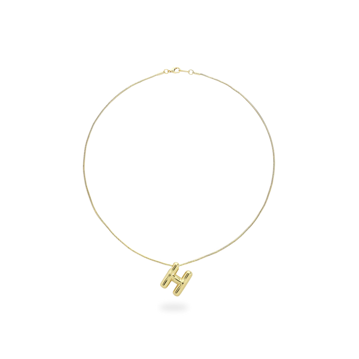 The BALLOON LETTER NECKLACE, a delicate gold necklace featuring a playful, balloon-shaped letter "H" pendant.||| H/GOLD