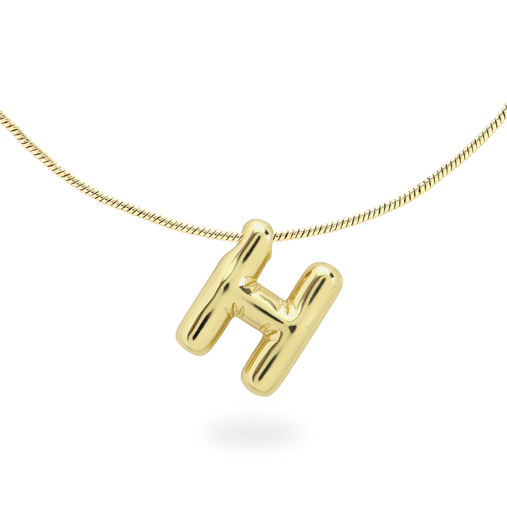 The BALLOON LETTER NECKLACE, a delicate gold necklace featuring a playful, balloon-shaped letter "H" pendant.||| H/GOLD