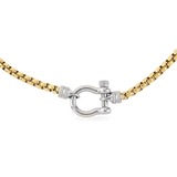 The Herradura Signature Pave Mix, a gold necklace featuring a box chain with a silver horseshoe clasp accented with pave-set diamond-like stones.  |||Silver
