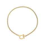 The Herradura Signature, a gold necklace featuring a box chain with a gold horseshoe clasp. ||| GOLD
