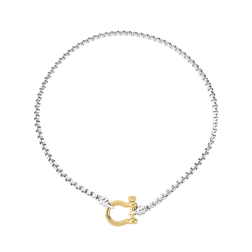 The Herradura Signature Mix, a silver necklace featuring a box chain with a gold horseshoe clasp. ||| GOLD