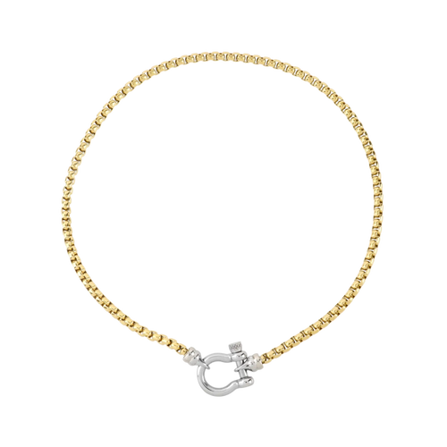 The Herradura Signature Mix, a gold necklace featuring a box chain with a silver horseshoe clasp. ||| SILVER