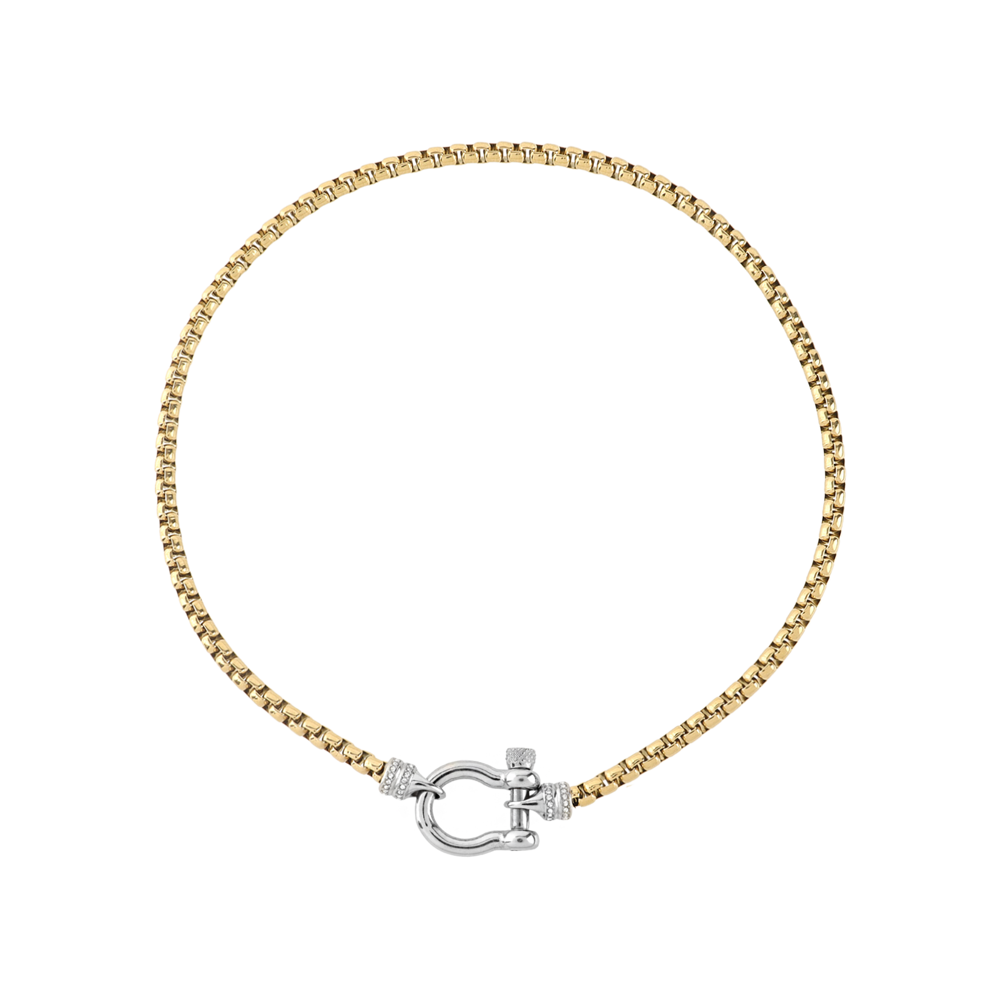 The Herradura Signature Pave Mix, a gold necklace featuring a box chain with a silver horseshoe clasp accented with pave-set diamond-like stones.  |||Silver