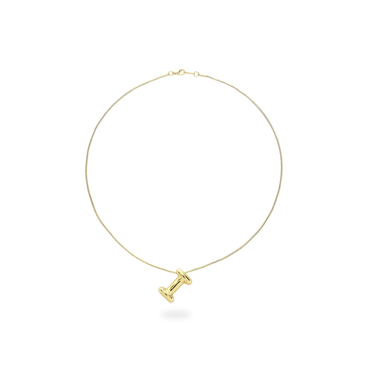 The BALLOON LETTER NECKLACE, a delicate gold necklace featuring a playful, balloon-shaped letter "I" pendant.||| I/GOLD
