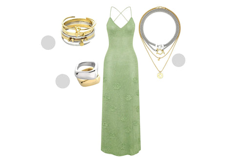 gold accessories with green dress Styling my green @sondeflor dress once more , This time with some of my favourite gold accessories , I just love the combination of green & gold , What's your favourite colour combination? ,