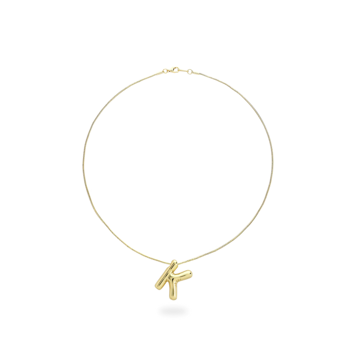 The BALLOON LETTER NECKLACE, a delicate gold necklace featuring a playful, balloon-shaped letter "K" pendant.||| K/GOLD