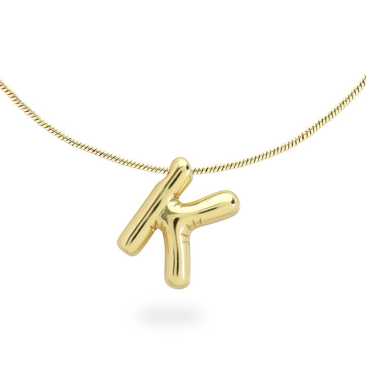 The BALLOON LETTER NECKLACE, a delicate gold necklace featuring a playful, balloon-shaped letter "K" pendant.||| K/GOLD