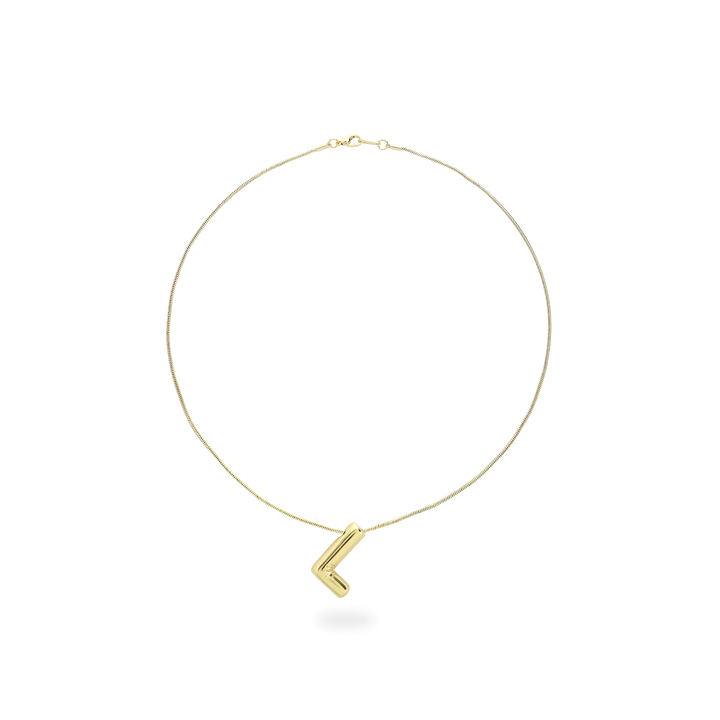 The BALLOON LETTER NECKLACE, a delicate gold necklace featuring a playful, balloon-shaped letter "L" pendant.||| L/GOLD
