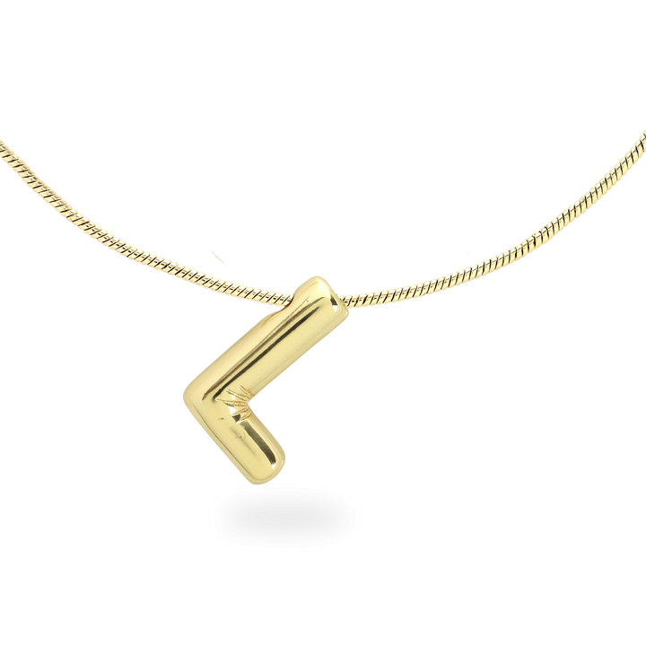 The BALLOON LETTER NECKLACE, a delicate gold necklace featuring a playful, balloon-shaped letter "L" pendant.||| L/GOLD