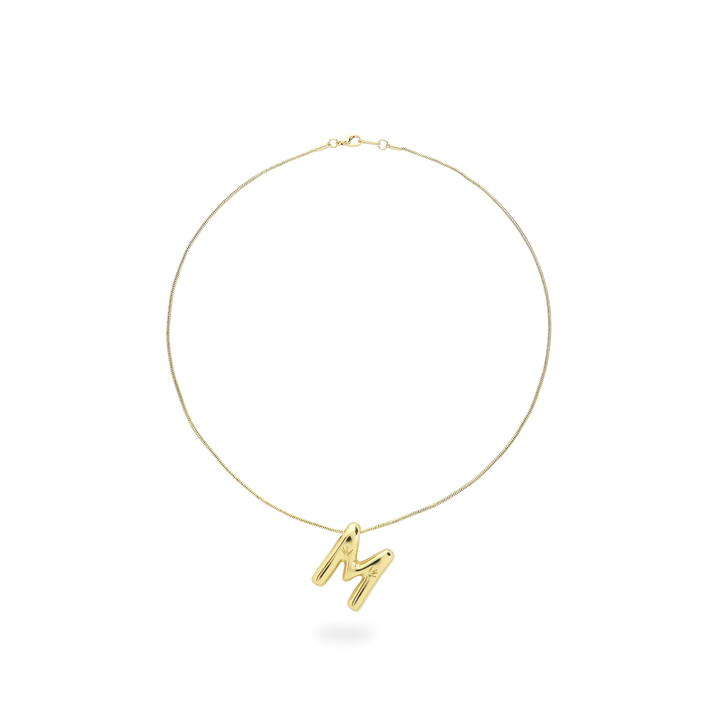 The BALLOON LETTER NECKLACE, a delicate gold necklace featuring a playful, balloon-shaped letter "M" pendant.||| M/GOLD