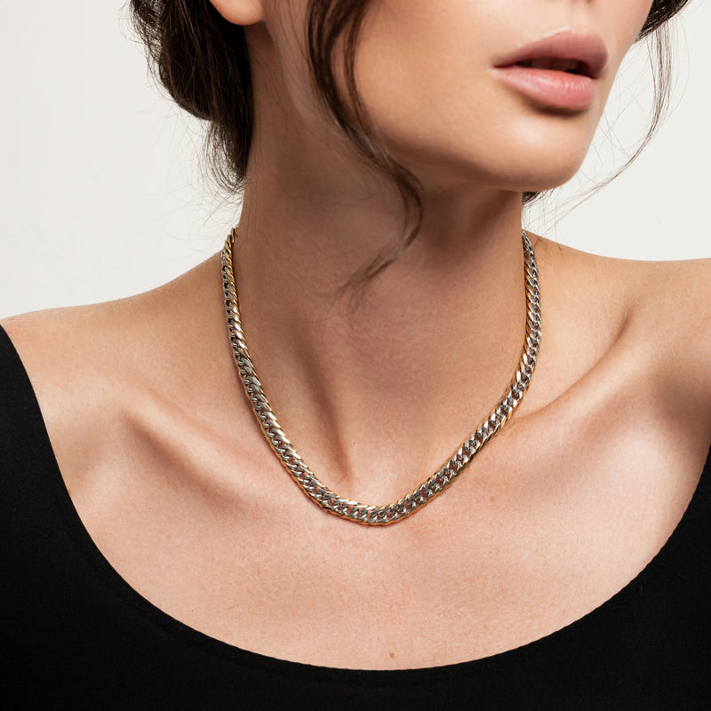 The Mix Chain Thin Necklace, which is a single-piece mixed metal chain necklace featuring interwoven gold and silver links in a sleek, close-fitting design.