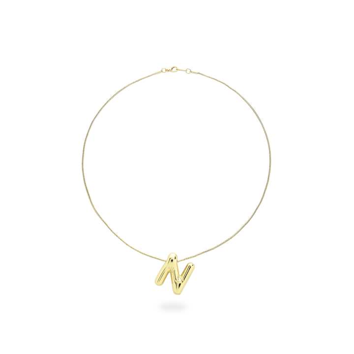 The BALLOON LETTER NECKLACE, a delicate gold necklace featuring a playful, balloon-shaped letter "N" pendant.||| N/GOLD