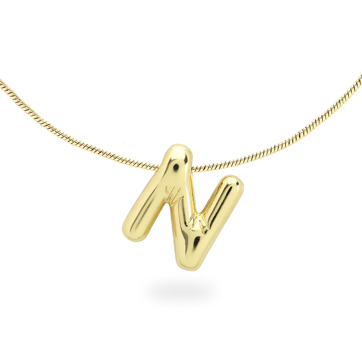 The BALLOON LETTER NECKLACE, a delicate gold necklace featuring a playful, balloon-shaped letter "N" pendant.||| N/GOLD