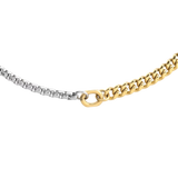 Close-up of OPPOSITES ATTRACT CHAIN NECKLACE, two-tone chain with silver box links on one side and gold Cuban links on the other, joined at the center with a gold oval connector. |||  MIX