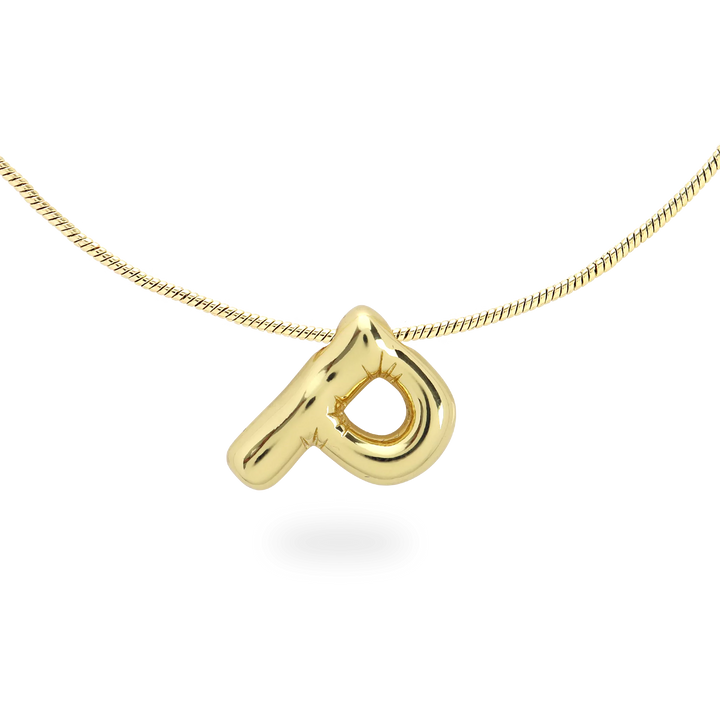The BALLOON LETTER NECKLACE, a delicate gold necklace featuring a playful, balloon-shaped letter "P" pendant.||| P/GOLD