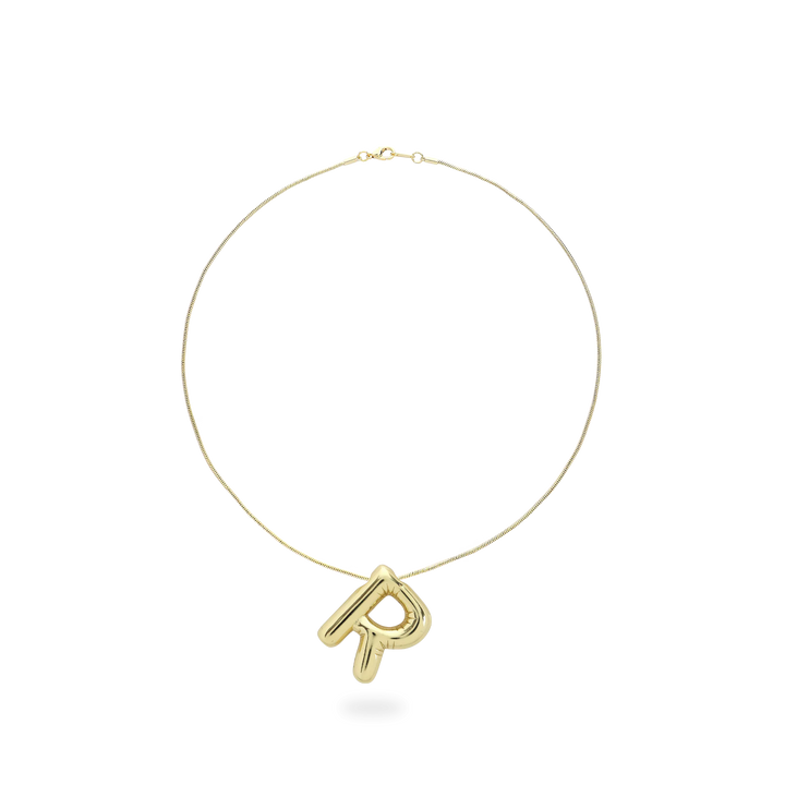 The BALLOON LETTER NECKLACE, a delicate gold necklace featuring a playful, balloon-shaped letter "R" pendant.||| R/GOLD